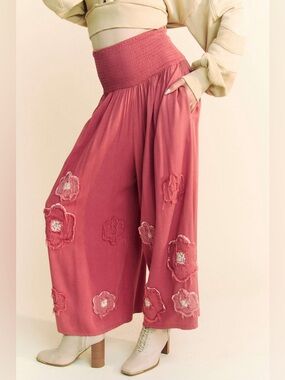 Davi & Dani Smocked Waist Flower Patch Wide Leg Pants
